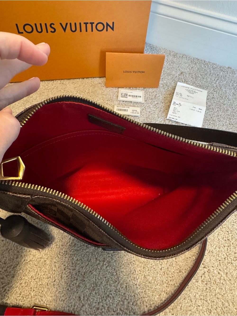 Louis Vuitton South Bank Damier Ebene Crossbody with Red-Trim Strap - Picture 3 of 5